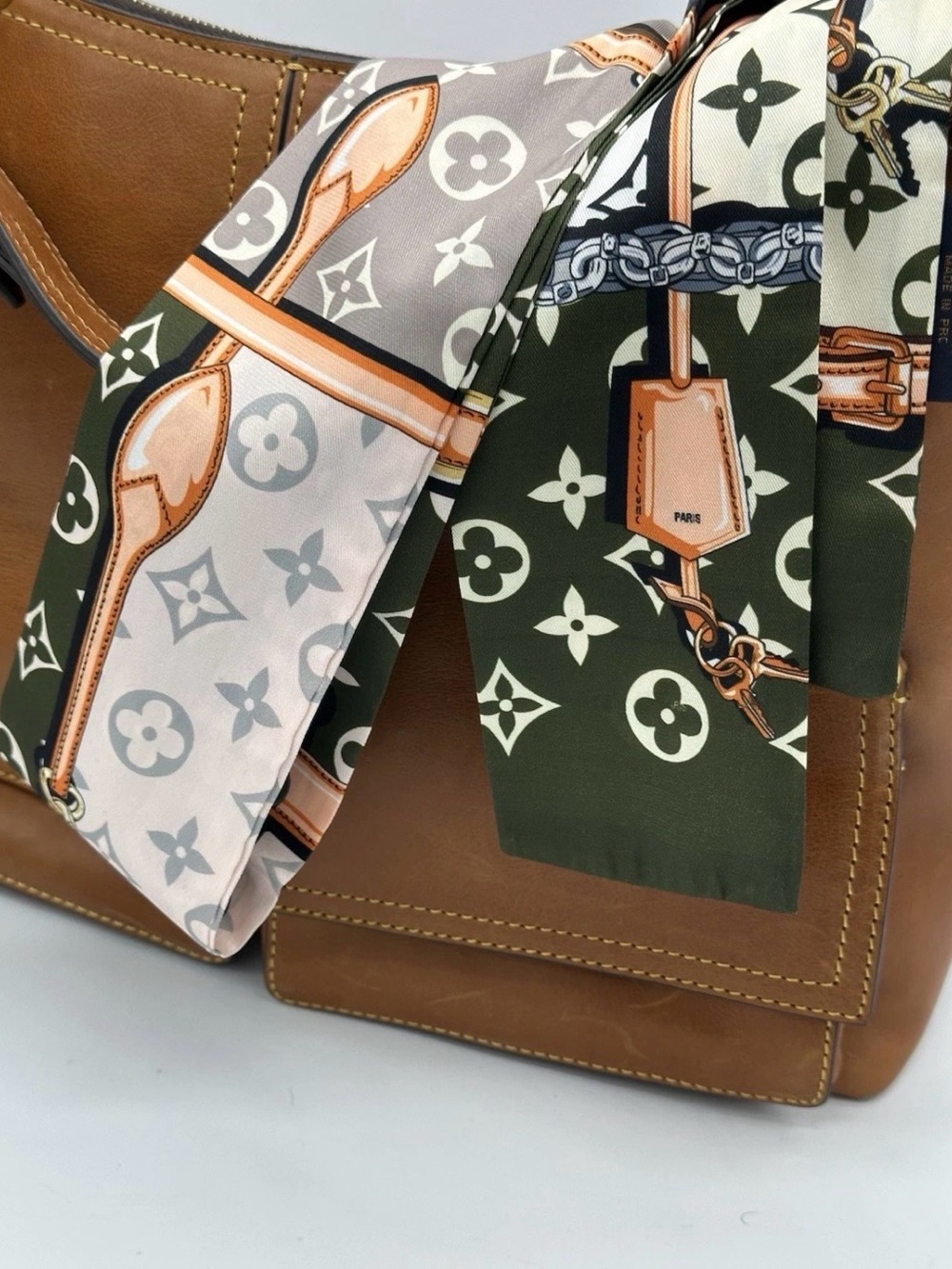 Lock and Chain Pattern Twilly Olive & Tan Silk Scarf Accent for Women’s Bag